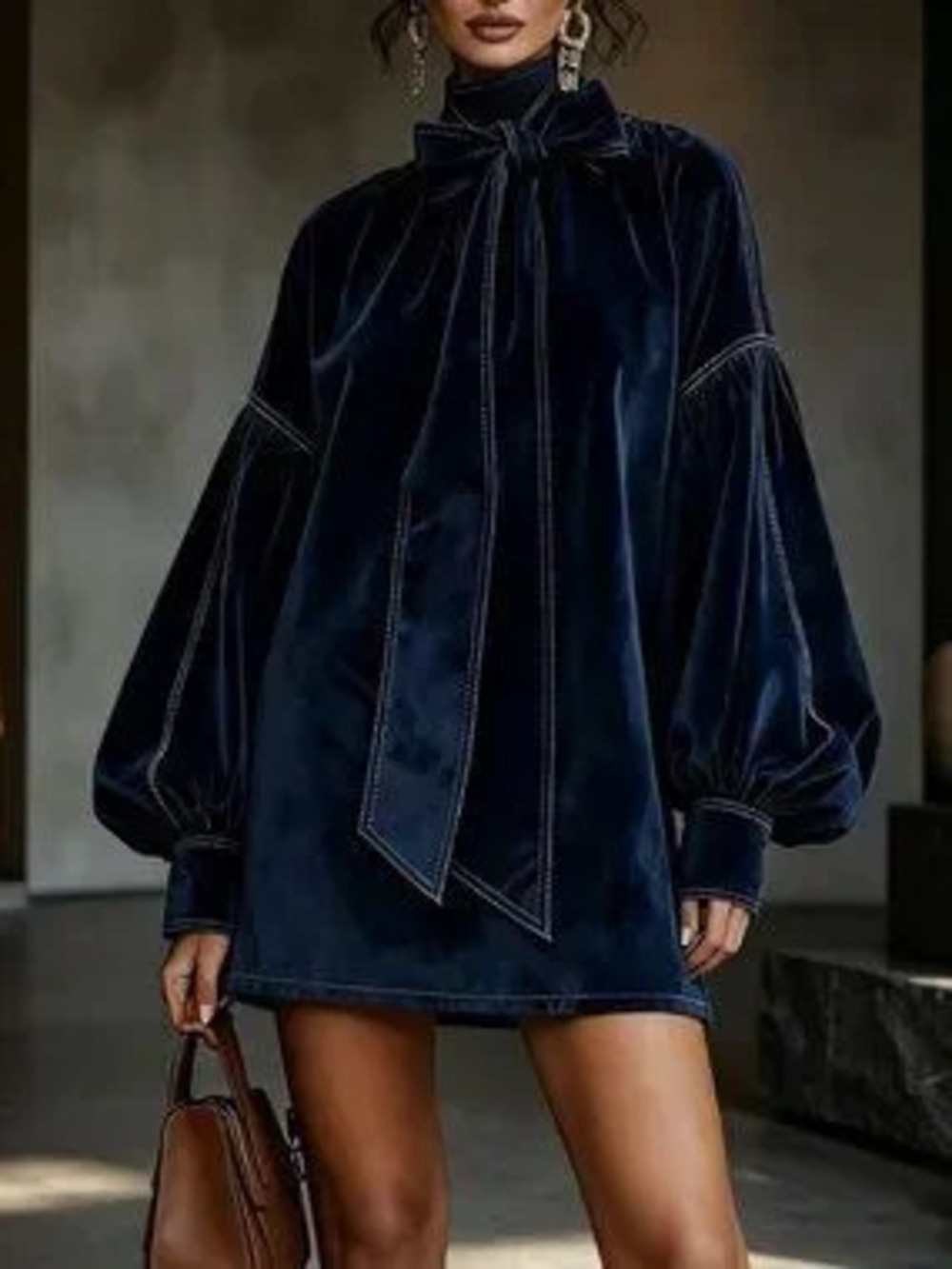 Navy Casual Elegant Sexy Women's Long Velvet Mini Dress